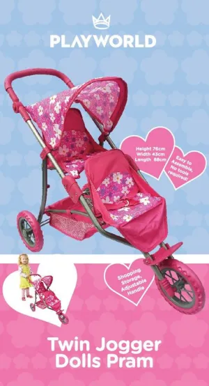 Playworld 3 Wheel Twin Jogger Dolls Pram