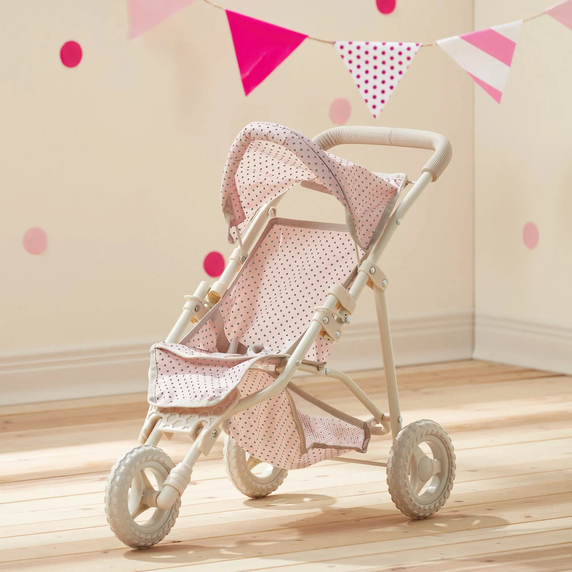 Teamson Olivia's Little World Doll Jogging-Style Pram with Canopy - Pink/Cream/Grey